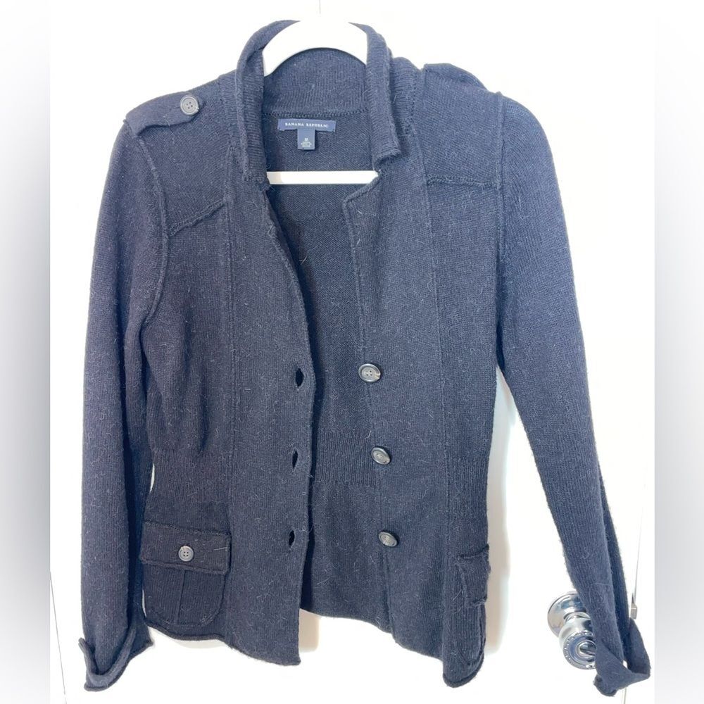 Banana republic black alpaca wool sweater style blazer jacket buttons military M